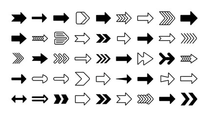 Modern set of diverse arrow icons, various styles and shapes for direction, navigation, ui, progress, and indicators.