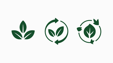 Green nature leaf icons representing organic, vegan, ecological, recycling, and sustainable growth concepts.
