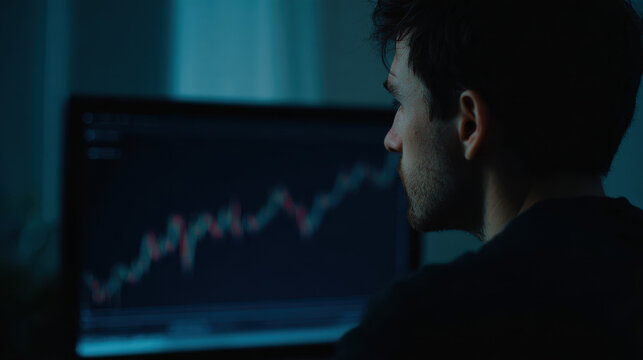 Night trading man monitor chart finance dark focus analysis data screen