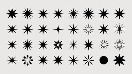 Set of diverse black star shapes, sparkle icons, and geometric starburst elements, perfect for modern design and festive decorations.