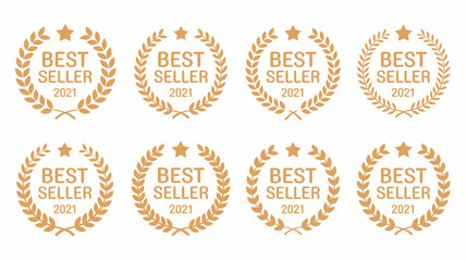 Best seller 2021 award gold badges vector set. product label or emblem with laurel wreath and star design for e-commerce promotion