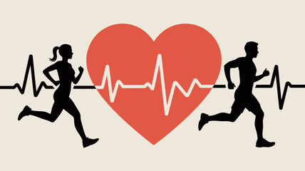 Running man and woman with heart and ekg line, illustrating cardiovascular fitness, health, and an active lifestyle