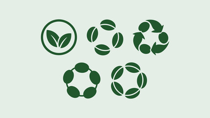 Sustainable living icons set: organic leaves, coffee beans, and recycling symbols, representing natural products and ecology.