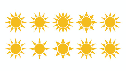 Collection of ten stylized sun icons in varying shapes and ray patterns, symbolizing warmth, summer, and bright weather