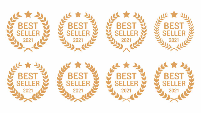 Best seller 2021 award gold badges vector set. product label or emblem with laurel wreath and star design for e-commerce promotion