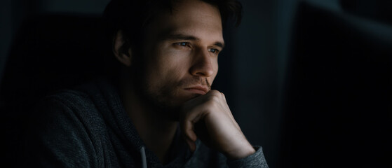 Man adult male pensive thoughtful low light moody dark indoors portrait feeling calm focus
