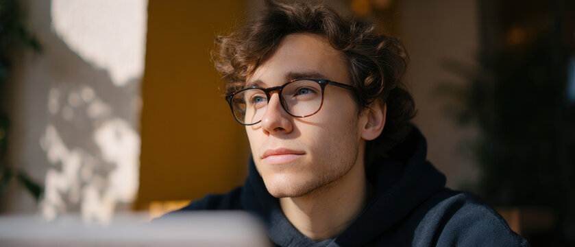 Pensive man curly hair glasses hoodie soft light, thoughtful mood, indoor scene