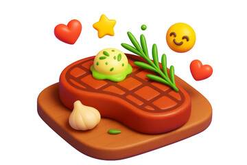 Cartoon grilled steak with butter, herbs, garlic and emojis on wooden board in playful 3D style isolated on white background. Ai generative