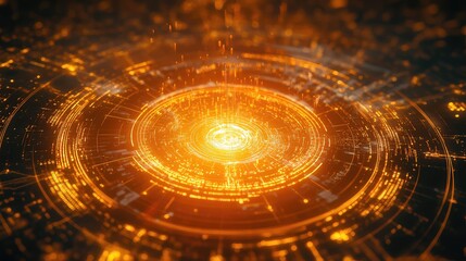 Orange glowing digital circuit with data processing concept