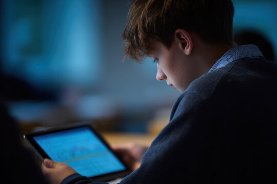 Teen boy student tablet classroom study concentration learning