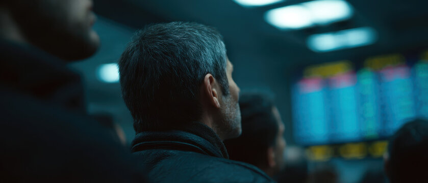 Tense traders stock market trading floor monitor crowd finance stress night mood