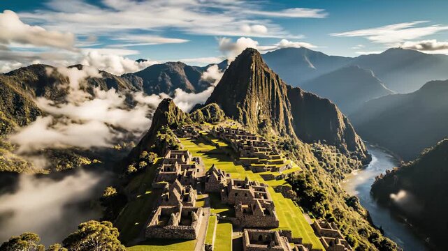 Majestic mountain ranges with winding stone walls, serene green fields, and meandering rivers majestically stretch out before us as we zoom in on the ever changing landscape.