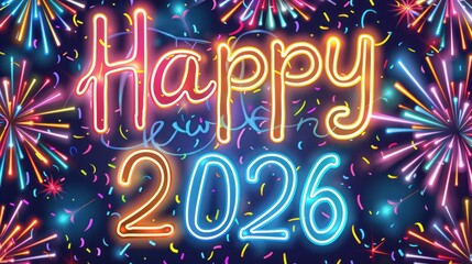 Neon happy 2026 celebration with fireworks and colorful confetti on black