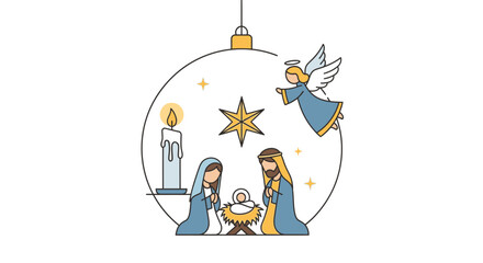 Flat Vector Nativity Ornament with Star, Candle, and Angel on White Background