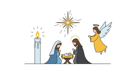 Elegant Christmas Nativity Decorations &ndash; Angel, Star, and Candle Flat Vector Art
