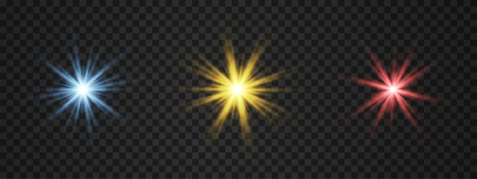 Blue, yellow and red light flare effects. Glowing sun rays with shine, glint bursts. Vector starburst with radial beams. PNG overlay for photo design, spotlight accents.