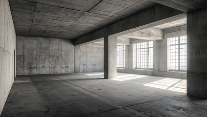 Modern concrete interior with large windows and natural light