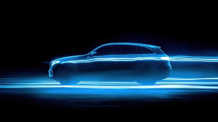 A sleek SUV style vehicle with dynamic blue neon outline highlighting its contours,