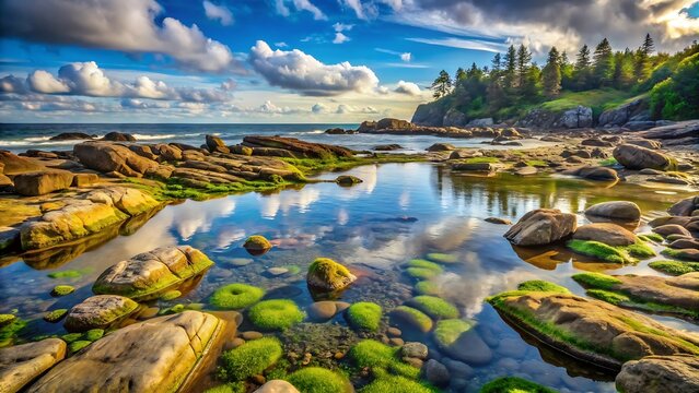 Rocky coastline with tide pools reflecting a vibrant blue sky and clouds