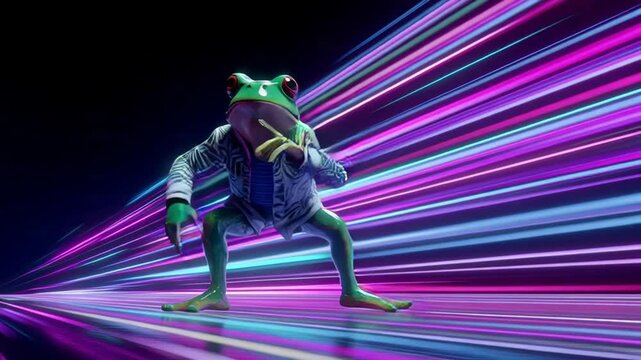 Cool frog character dancing in neon light trails
