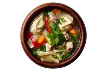 Hot meat pork soup with vegetables and doughboys dumplings in wooden bowl, isolated on white transparent background, concept of New Zealand cuisine