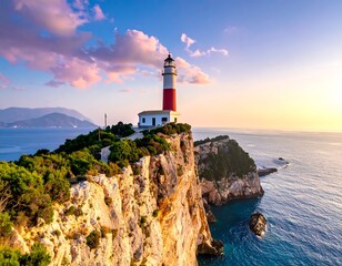 Coastal lighthouse sits atop a cliff overlooking a vast sea under a colorful sky