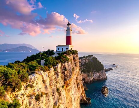 Coastal lighthouse sits atop a cliff overlooking a vast sea under a colorful sky - Powered by Adobe