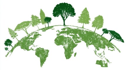 Green and white themed illustration featuring Earth's outline with continents in green shades,