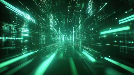 Digital data network cyberspace with glowing green lines