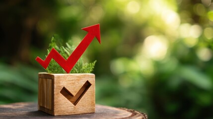 A wooden block with a red arrow pointing upwards symbolizing growth and success,