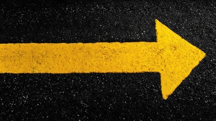 A solid yellow arrow painted on textured asphalt points to the right with visible black outlines around its edges and ti