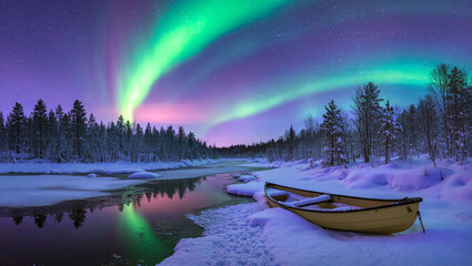Stunning winter landscape illuminated by vibrant light of aurora borealis in the sky and yellow wooden boat in foreground
