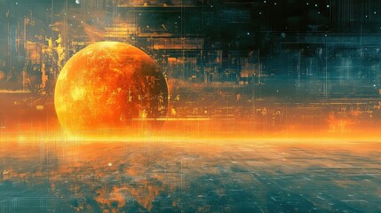 Glowing futuristic planet rising over digital cityscape