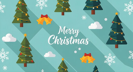 A cheerful and modern holiday background or banner featuring the message "Merry Christmas" in elegant script. The design utilizes a flat, minimal aesthetic with long shadows and icons