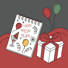 Festive new year scene with wrapped gift illustration
