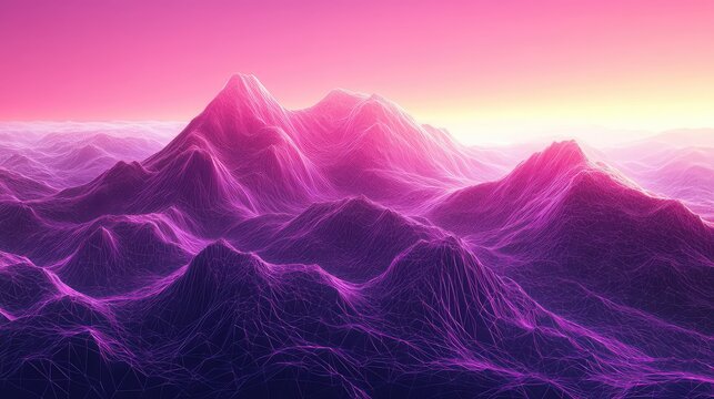 Digital wireframe mountains creating abstract neon landscape horizon - Powered by Adobe