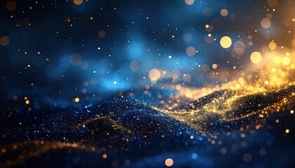Dreamy dark blue background with gold particles