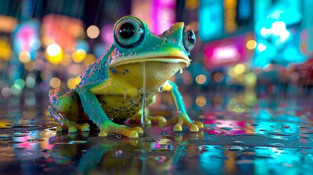 Colorful frog in city rain with neon lights