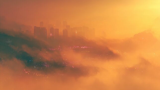 Futuristic city skyline emerging from orange mist at sunset