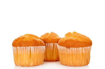 Sweet muffins isolated on white background, close-up.