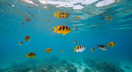 Underwater photography of tropical fish swimming in clear blue ocean water coral reef scene view