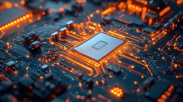 Glowing circuit board processing digital data in technology