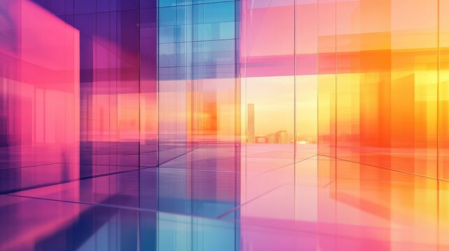 Modern glass building reflecting vibrant cityscape sunset colors - Powered by Adobe