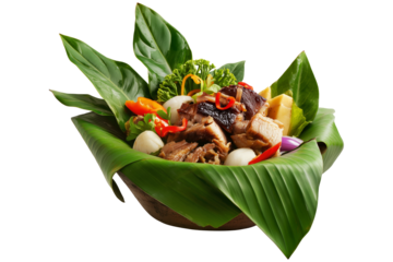 Mumu Pit-baked pork, taro, banana, and vegetables in banana leaves on wooden plate isolated on white transparent background, concept of New Guinea cuisine