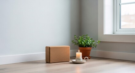 Fototapeta premium Zen Corner Minimalist Home Interior with Yoga Block Candle Plant Serene Still Life Harmony Relaxation Wellbeing Mindfulness Calmness Meditation Retreat Indoor Space Wellness