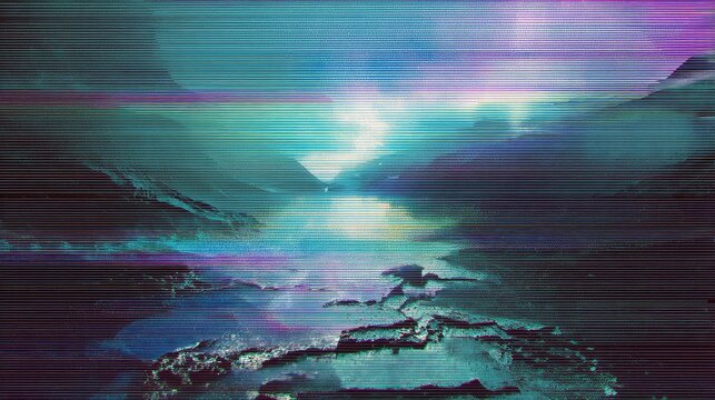 Glitch art landscape digital distortion vibrant colors - Powered by Adobe