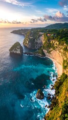 Coastal cliff landscape with turquoise water meeting the steep edge