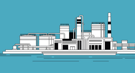 Obraz premium Illustration of a large industrial complex with various buildings and smokestacks under a bright blue sky.