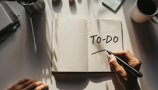 Hand writing a to-do list in a notebook with a pen, creating a plan for the day