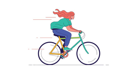 A woman in a green shirt and blue jeans rides a bicycle on a white background. .